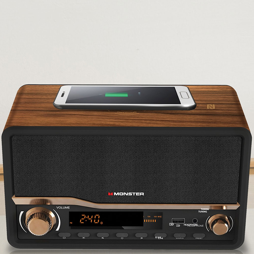 Monster decora wood bluetooth store speaker and clock radio